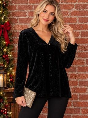 Vintage Black Velvet V-Neck Long-Sleeve Sparkly Dressy Jacket